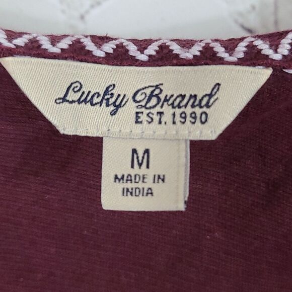 Lucky Brand Burgundy Print Ruched Sleeve Thermal Tee Linen Knit Shirt Medium Top - Picture 3 of 13